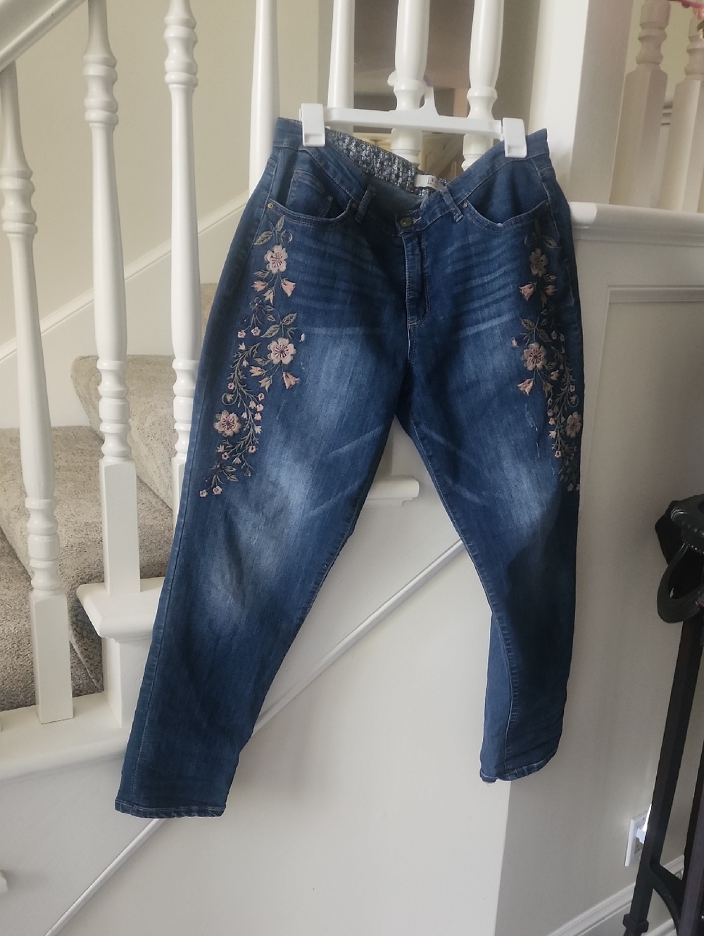 Vintage America Dark Blue Jeans with Pink Floral Embroidery Sz14